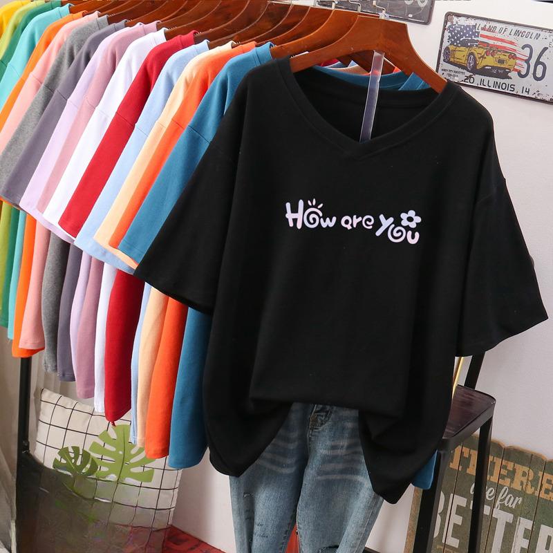 Футболка с коротким рукавом, Свободного кроя, Приталенный топ с V-образным вырезом с принтом для женщин