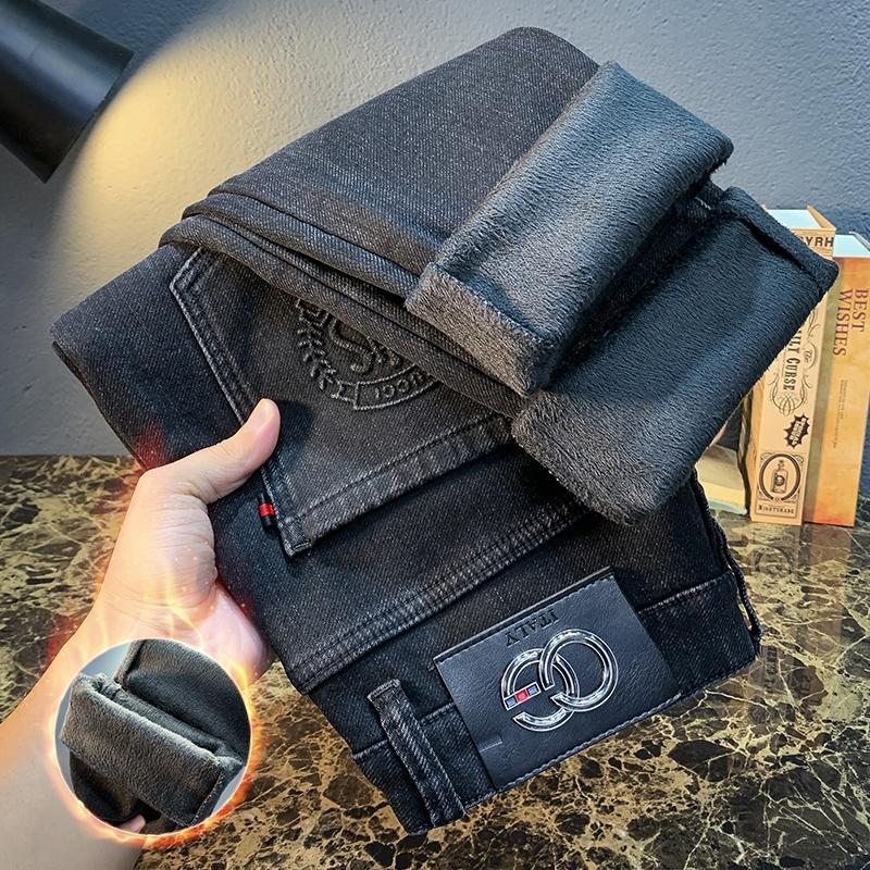 2024 Осень и зима Новые черные и бархатные теплые джинсы мужские модные брендовые высококачественные свободные прямые простые повседневные брюки