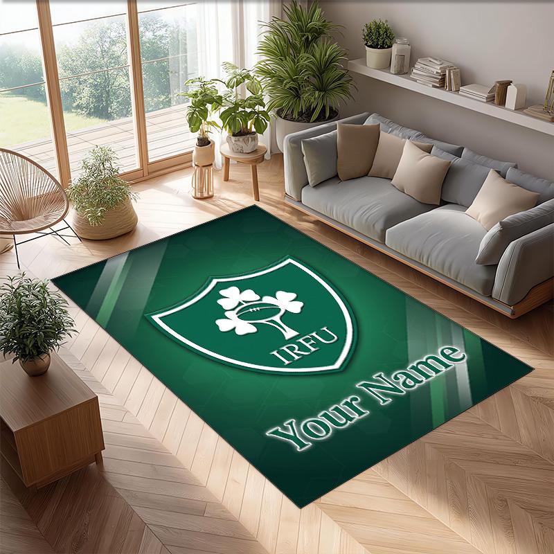 Ireland Rugby Crystal Velvet Rug, Custom Name Text Personalized Non‑Slip Floor Mat for Home Decor Gift