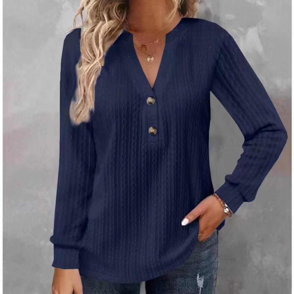 Autumn and Winter Women's Long Sleeved Solid Color V-neck Button T-shirt Top