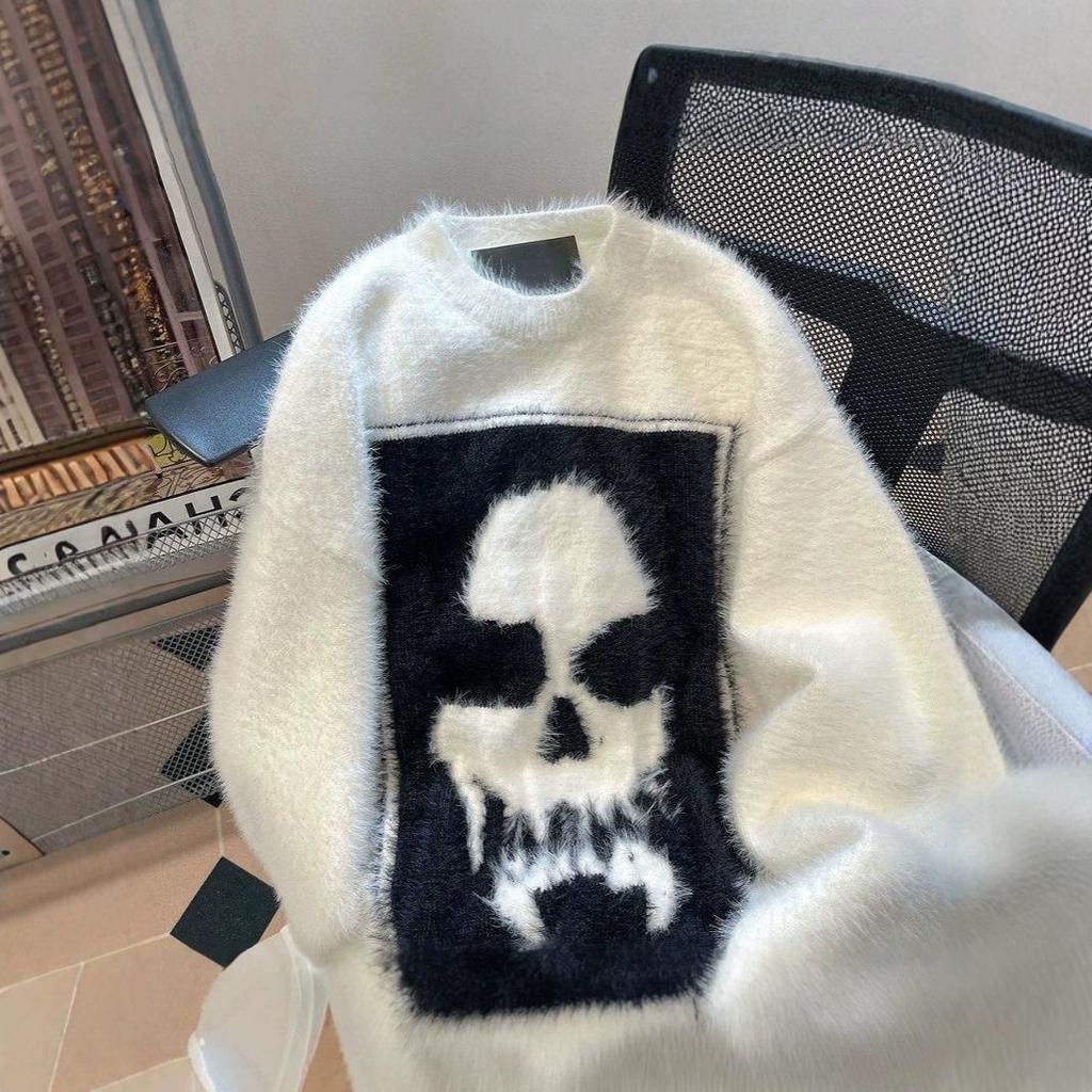 Зимний ретро панк свитер для пары с черепом