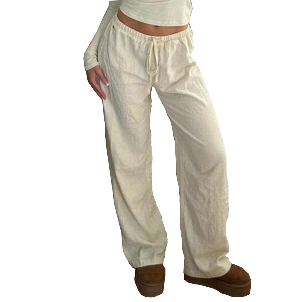 Women's Low-rise Loose Wide-leg Casual Cotton And Linen Drawstring Straight Casual Trousers