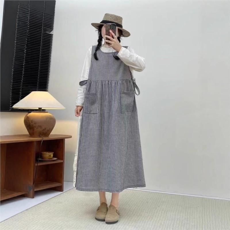 Johnature Платье в японском стиле в клетку, весеннее ретро, свободное, универсальное, многослойное, со шнуровкой и разрезом, прикрывающее женское платье