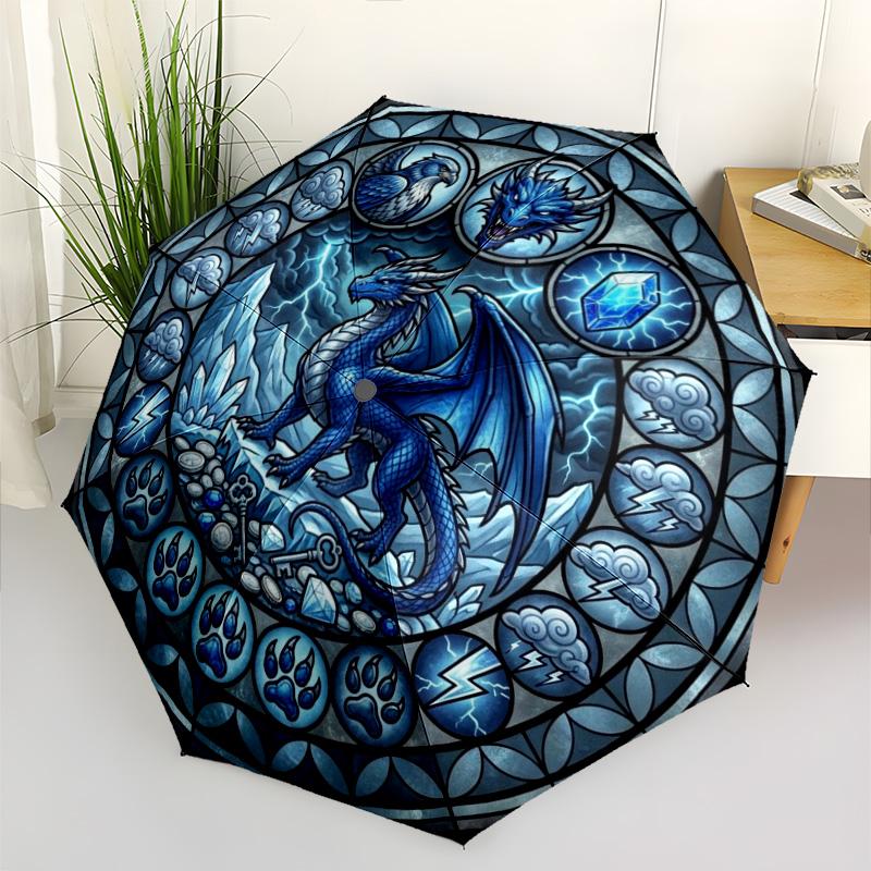 Blue Dragon Glass pattern umbrella, portable and foldable design, 8 ribs, a casual accessory for Halloween, Christmas, and birthday gifts.