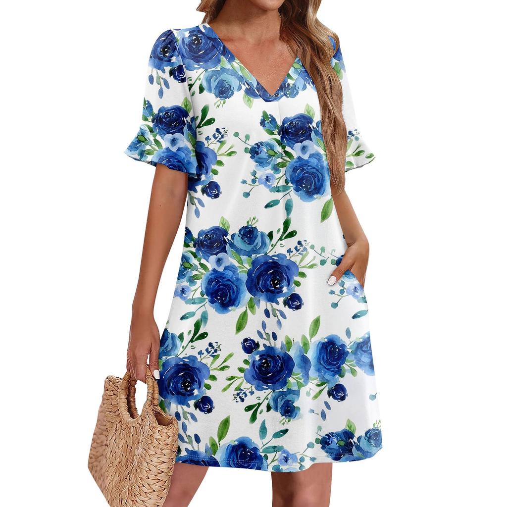 Летние платья для женщин с V-образным вырезом, оборками и коротким рукавом, повседневное свободное платье с принтом, пляжное платье с карманами