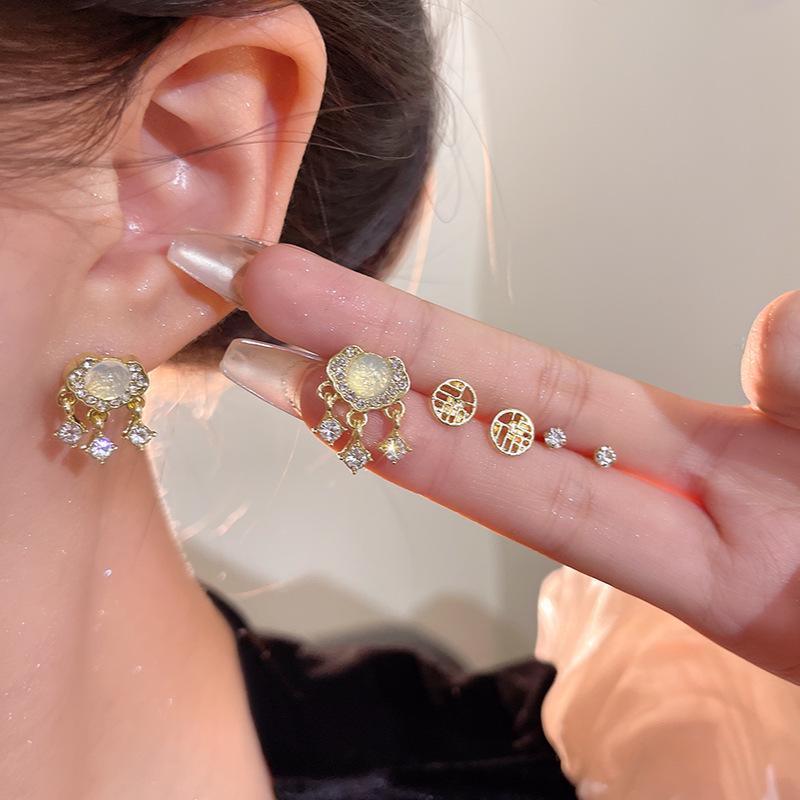 Exquisite Cat's Eye Stone Peace Lock Earrings: Six-Piece Set for Women - New Chinese Retro Style with Fashionable Elegance