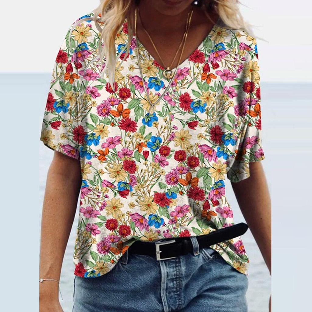 Fashion Spring Flower Print Blouses Short Sleeved V-Neck T Shirts Casual