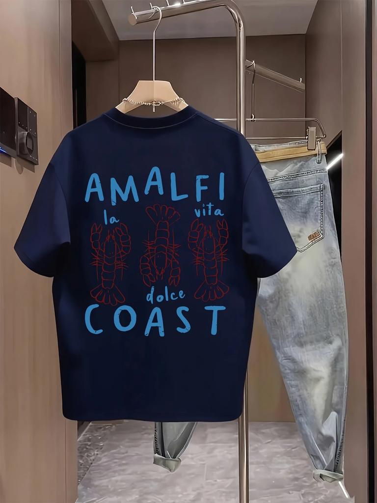 Vintage Amalfi Coast Lobster Graphic Tshirt Italian Slogan Print Soft Cotton Short Sleeve Unisex Casual Summer Beach Daily Tee