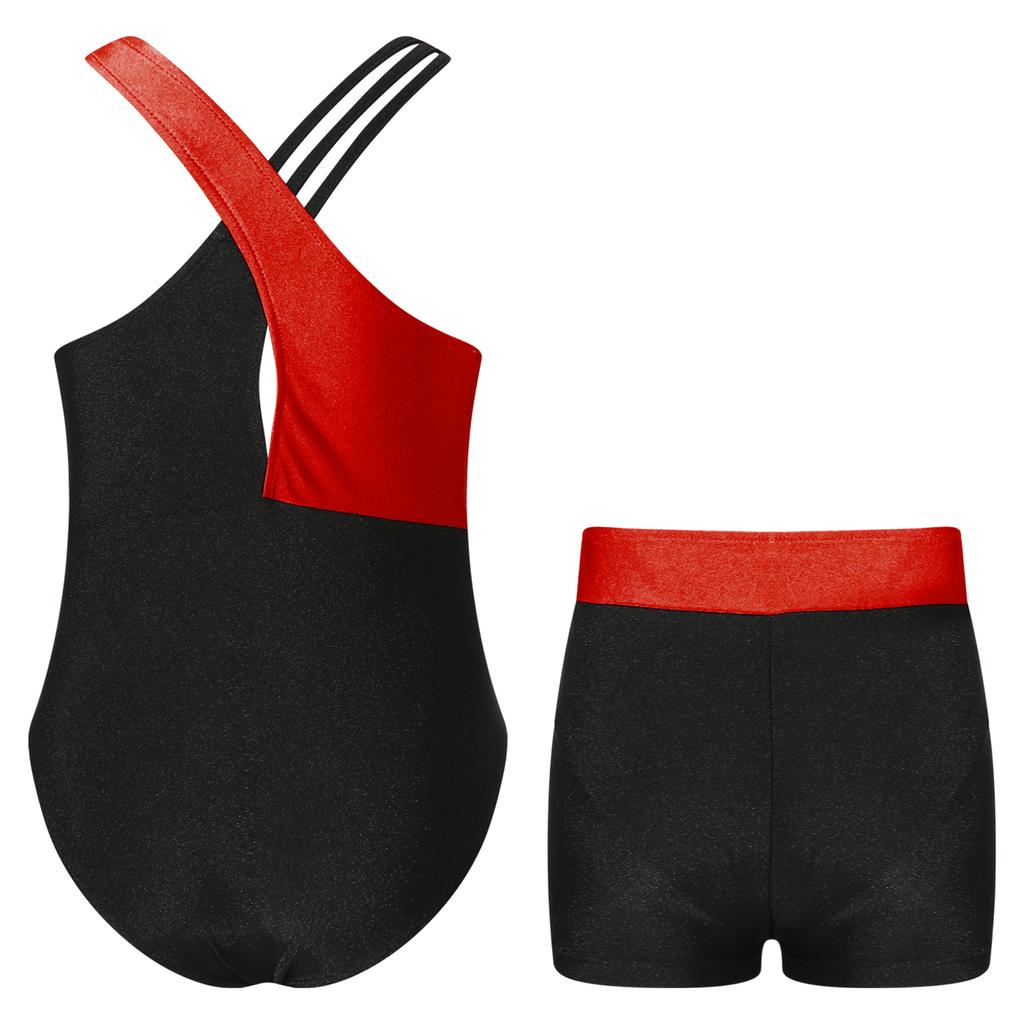 Комплект танцевальной одежды для девочек, без рукавов, с круглым вырезом, украшенный блестящими стразами, контрастного цвета, леотард и шорты