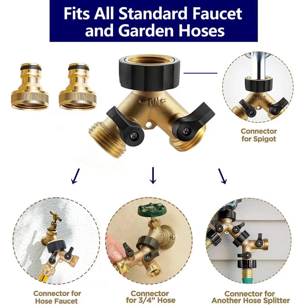 3/4" Brass Garden Hose Connector, 2-Way Y-Distributor Tap Fitting with On/Off Valves, for Home Garden Outdoor Use