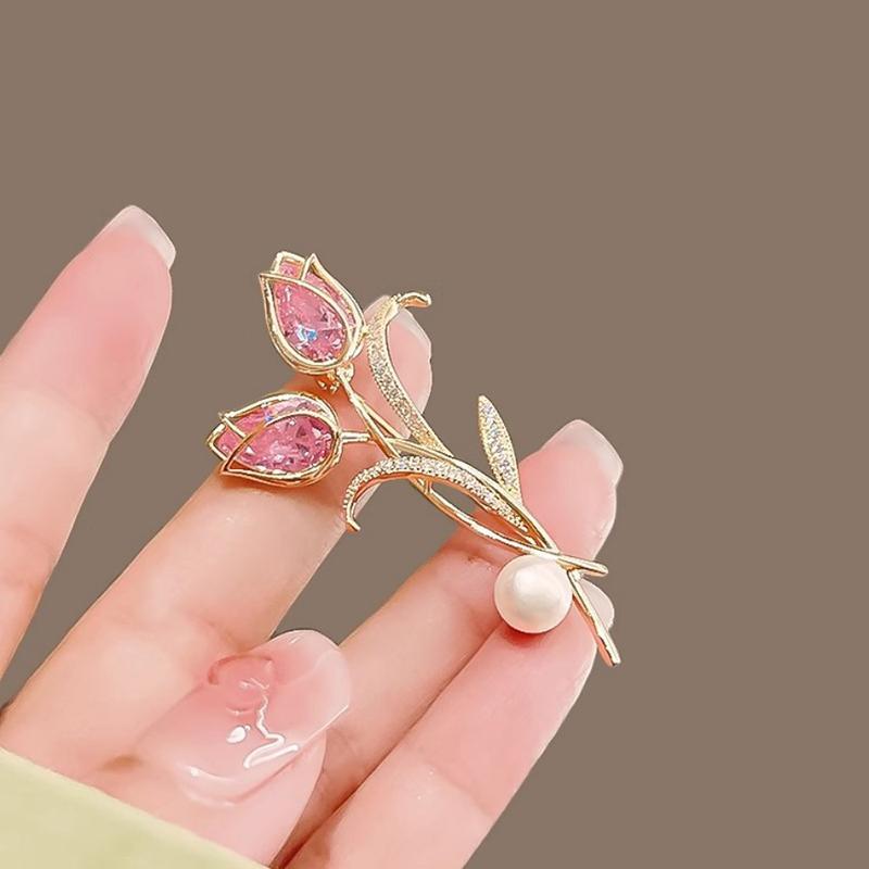 Zircon Tulip Flower Pearl Brooches For Women Sweet Floral Lapel Pins Banquet Party Clothes Corsage Jewelry Gift