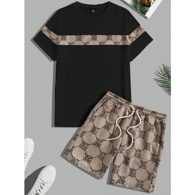 Мужской костюм в стиле ретро с принтом букв и круглым вырезом, футболка с шортами, удобный и дышащий мужской костюм из двух частей