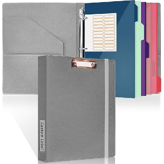 Antner PU Leather 3 Ring Binder with Clipboard, 1 Inch Clipboard Binder Organizer for Letter Size Paper, 5 Divider Folders with 10 Pockets, Hardcover