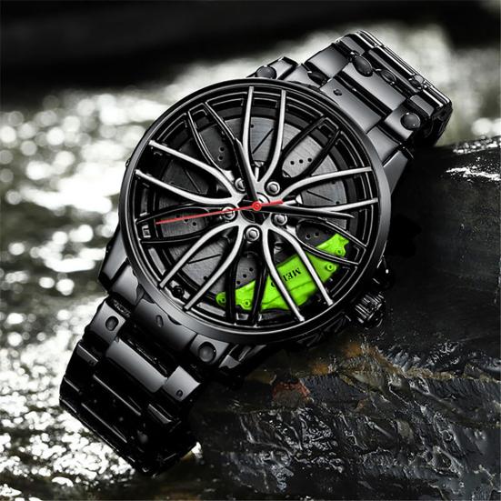 Quartz Watch Precise Round Dial Pointer Display Shockproof Hidden Clasp Chronograph with Car Wheel Rim Hub Design Automatic Quartz Wristwatch Clock