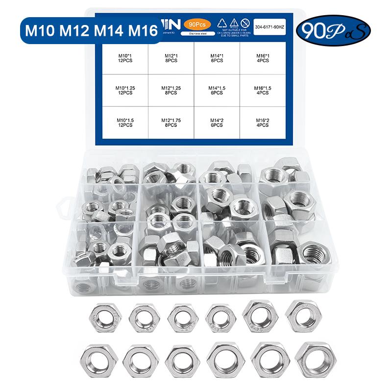 NINDEJIN Fine Thread Nut Set 90pcs 300pcs M4-M16 Stainless Steel Hexagon Nut Metric Fine Thread Pitch Hex Nut Assortment Kit