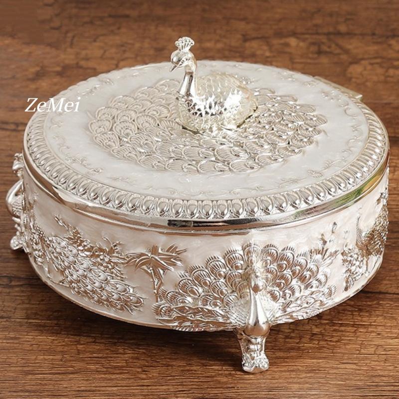 European-Style Alloy Jewelry Peacock Silver Storage Box,Earring Circle Organizer Jar Candy Container Dressing Table Decoration