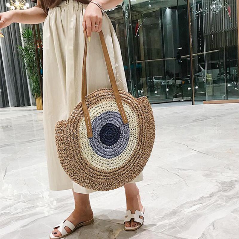 Round Women Handbag Handmade Shoulder Bag Bohemian Summer Beach Bags Woven Straw Bag Large Capacity Female Travel Tote
