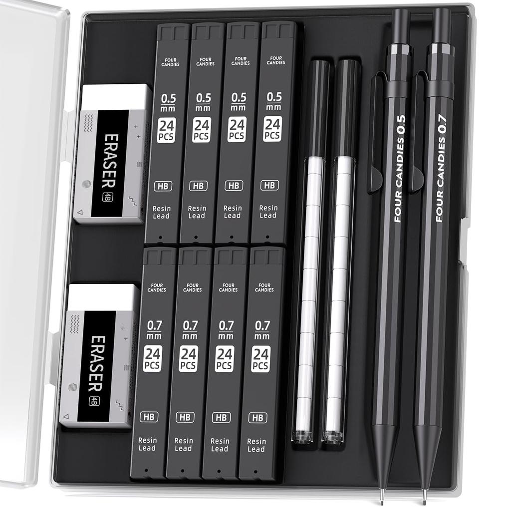 Four Candies Metal Mechanical Set of 2 Pencils, 0.5 & 0.7mm,
