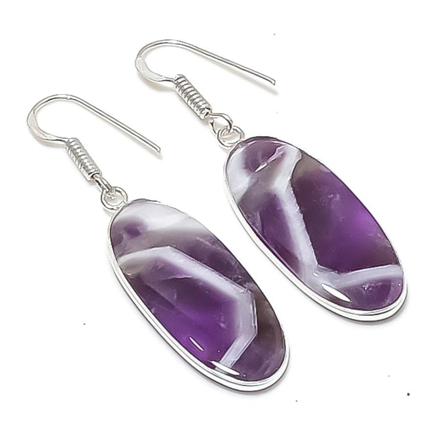 Натуральный аметист с узором «шеврон» Ювелирное изделие из стерлингового серебра 925 пробы Серьга 1,97" AEE-10878