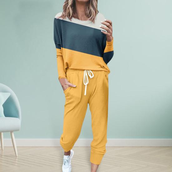 2 шт./комплект женский топ брюки костюм круглый вырез длинный рукав цветной блок спортивный свитшот завязка