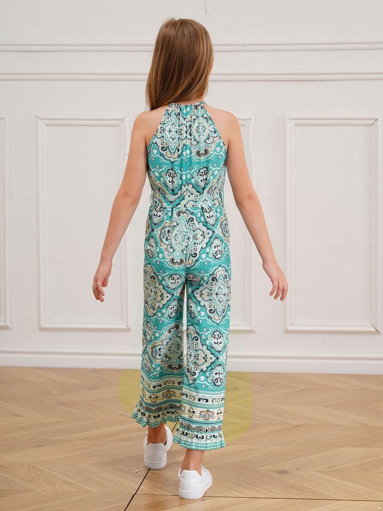 Детский комбинезон без рукавов с цветочным принтом и широкими штанинами для девочек, цельный комбинезон в стиле бохо с поясом, летний сарафан, комбинезон