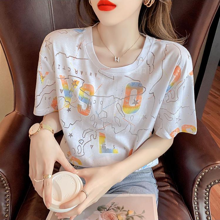 2025 Летняя повседневная футболка для женщин Базовый цветочный принт Топы с коротким рукавом и круглым вырезом свободная футболка y2k Винтажный топ Harajuku Streetwear