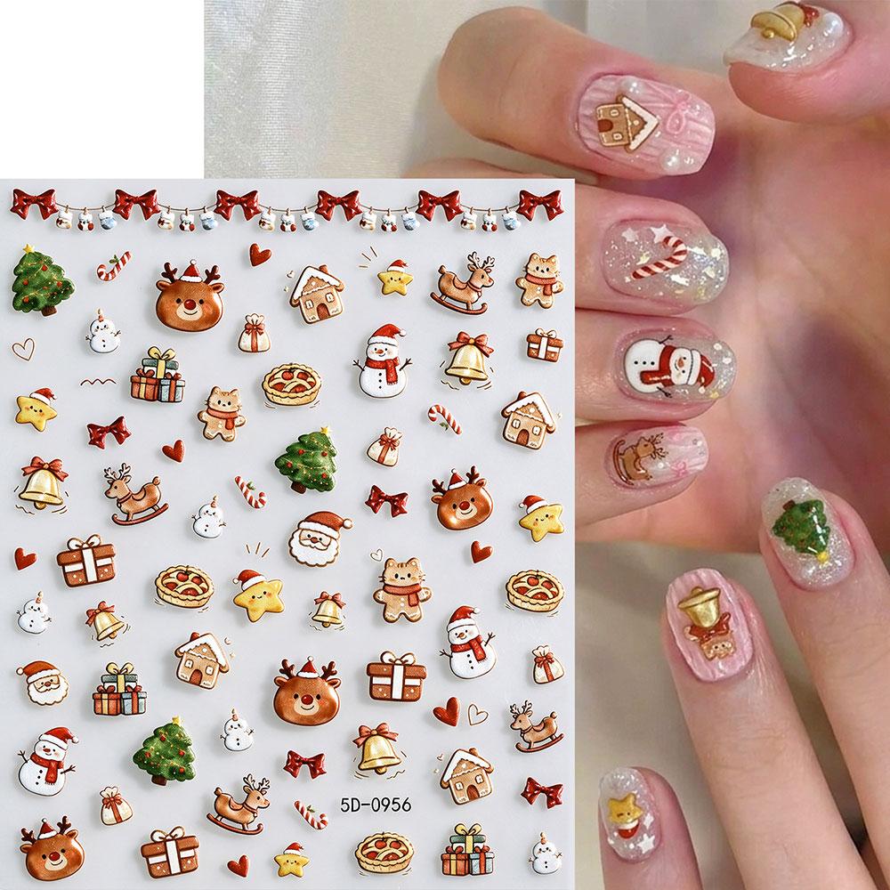 1Pcs 5D Cute Pink Apple Christmas Tree Snowman Nail Stickers Christmas Wreath Lights Nail Decals Adhesive New Year Nail Decor 9@