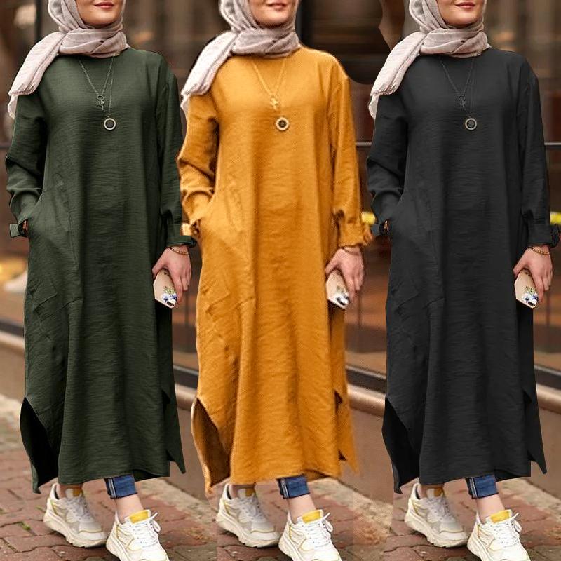 Womens Muslim Dress Islamic Clothing Long Sleeve Shirt Round Collar Solid Color Maxi Dresses Casual Pocket Musulman DubaiKaftan Robe Plus