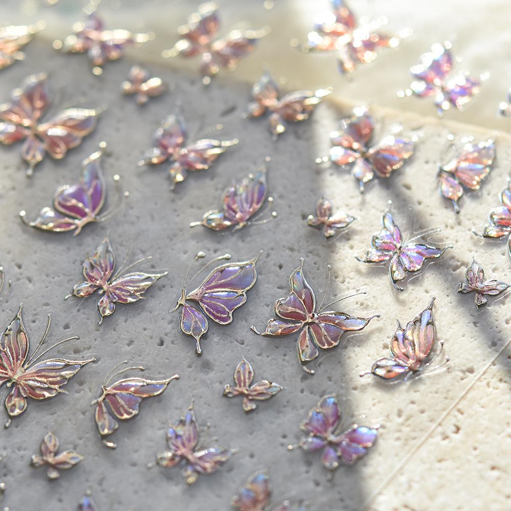 Vigorous Pink Butterfly Gradient Petal Flower Shiny Stars 5D Soft Self Adhesive Nail Art Decoration Sticker Manicure Decal DIY