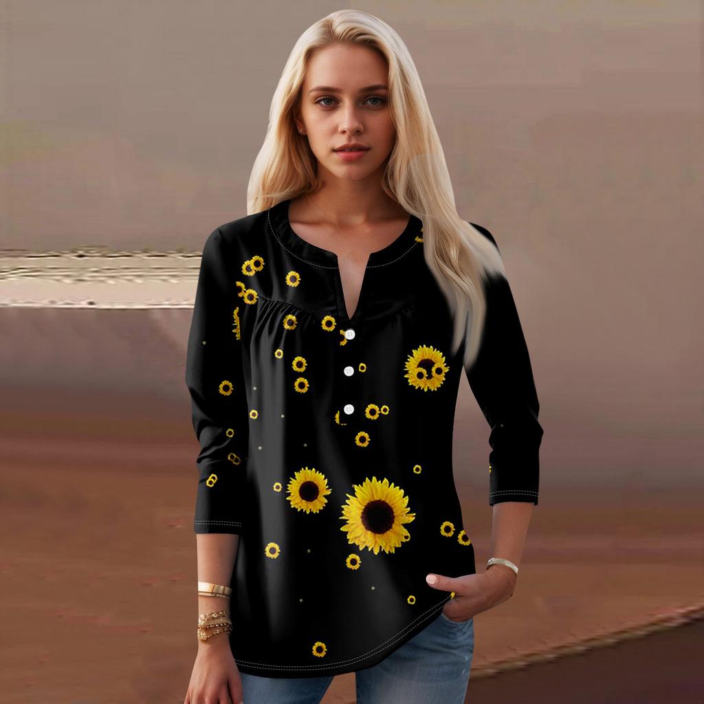 Женская мода повседневный топ с длинным рукавом и круглым вырезом с цветочным принтом