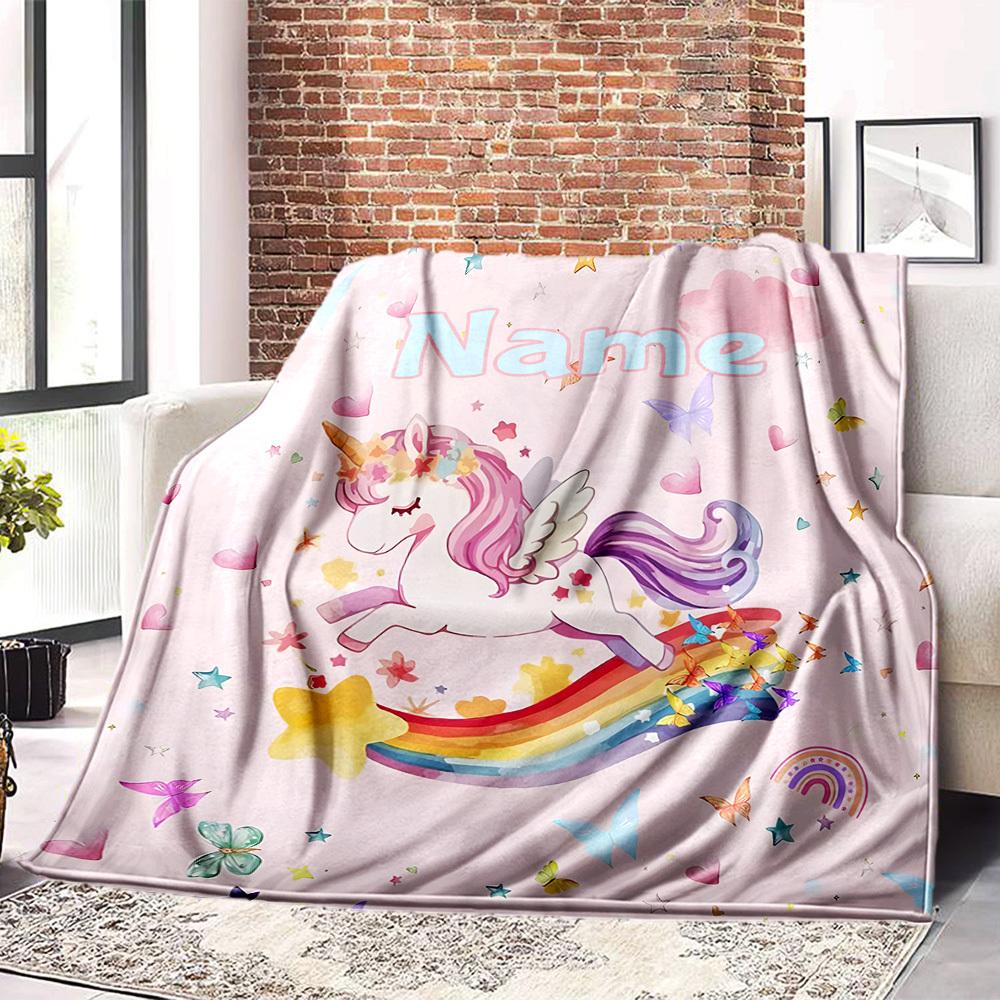 Unicorn Rainbow Personalized Home Customize Your Name Blankets Cozy Soft Lightweight Allseason Multipurpose Blanket For Picnics Sofas Offices Beds