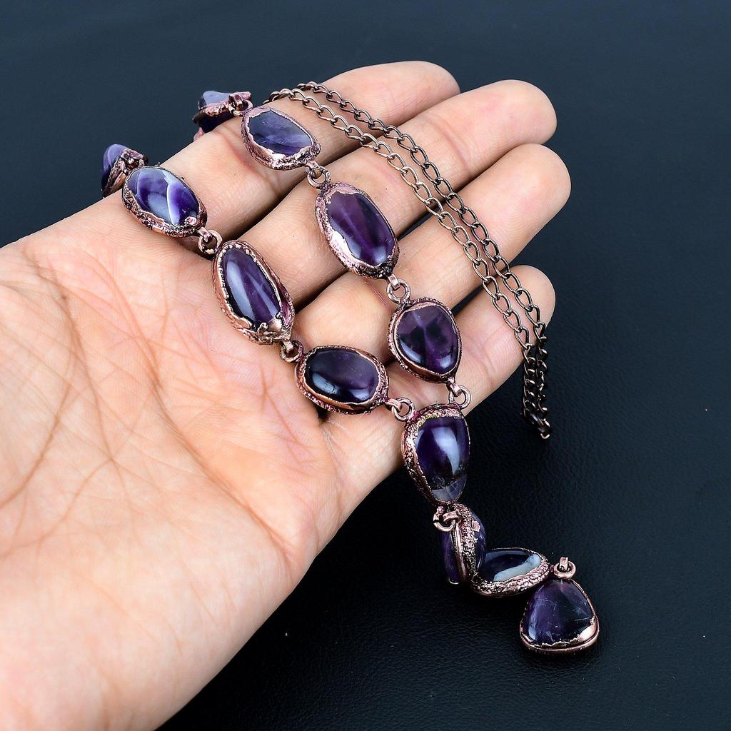 Аметистовое ожерелье, ювелирное украшение с драгоценным камнем, медное гальванопластическое ожерелье с регулируемой цепочкой, подарок для женщин, ожерелье ручной работы