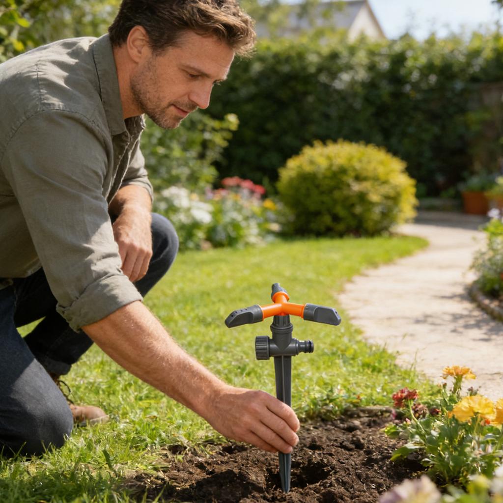 Adjustable Three Arm Rotating Garden Lawn Sprinkler with Spike Base for Irrigation System Watering Coverage