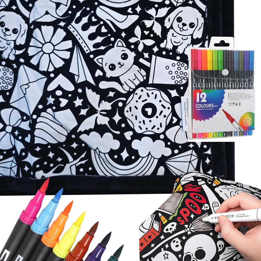 Раскрашиваемое DIY washable одеяло с 12 цветными маркерами, творческое искусство, индивидуально окрашенная ткань с цветами, одеяла для взрослых, для релаксации