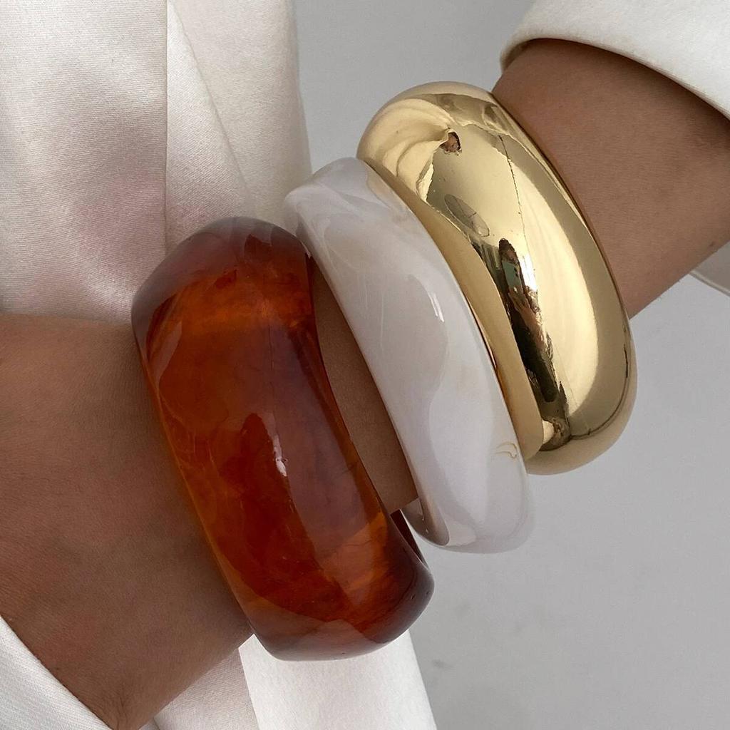 IngeSight.Z Vintage Irregular Acrylic Resin Smudging Bangles Women Kpop Geometric Chunky Wide Bracelets Couple Jewelry Pulseras