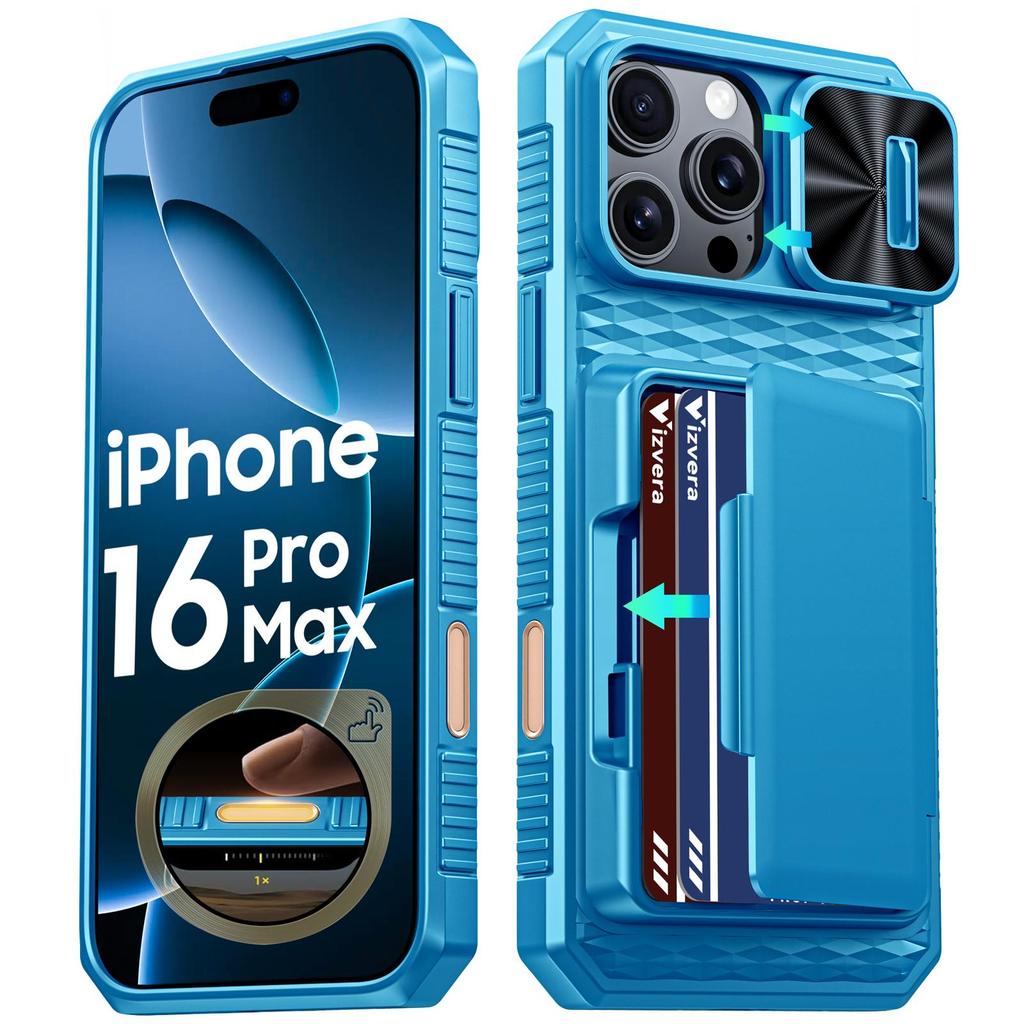 With Card Holder Sliding Camera Cover And Stand For iPhone 16 Pro Max Phone Case, Anti-Fall PC+TPU Wallet Case-Purple