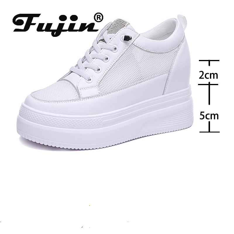 Женская обувь Fujin, массивные кроссовки из сетчатой ​​ткани, белые туфли на танкетке с отверстиями из натуральной кожи, туфли-лодочки на платформе и каблуке Mujer Bombas