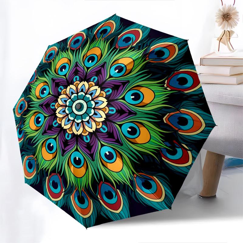 1pc Peacock Mandala Feather Design Umbrella with Plastic Handle,Compact & Stylish,Suitable for All Seasons YS331038