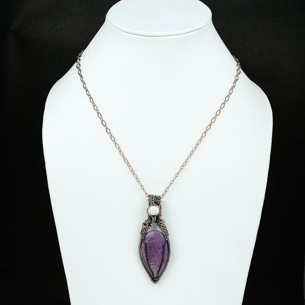 Подвеска из драгоценного камня пурпурит, подвеска из медной проволоки, подвеска ручной работы, радужный лунный камень, медные украшения, подарок для матери, ювелирные изделия из пурпурита