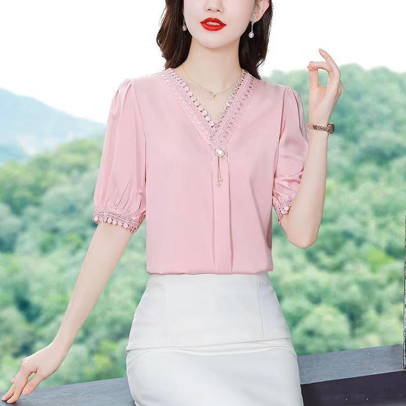 Модный топ с короткими рукавами, летняя новая кружевная нижняя рубашка, однотонные пуловеры с v-образным вырезом, блузка M-4XL