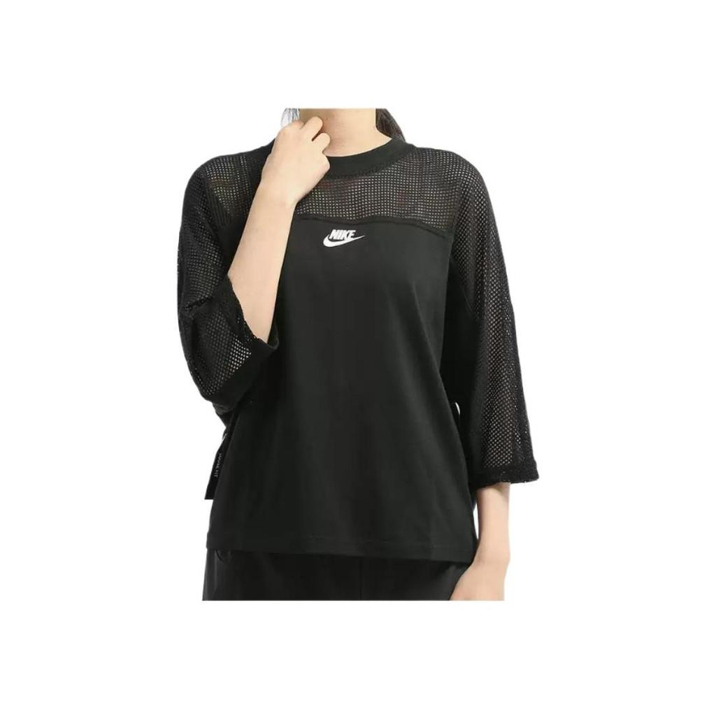 Nike Solid Color Logo Print Mesh Panel Crew Neck Long Sleeve Sweatshirt Women Tops Black AR2324-010