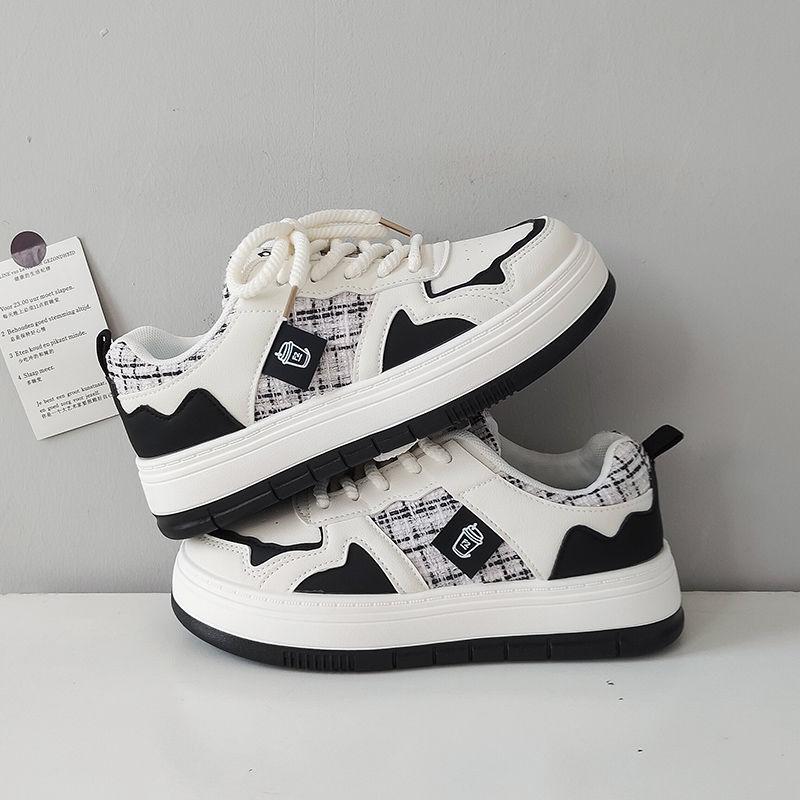 Кроссовки женские в черно-белую клетку, повседневные, весна-осень, новые, университетский стиль, универсальные, с круглым носком, белые туфли