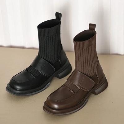 Модные осенние женские ботильоны, модные мягкие кожаные женские элегантные короткие ботинки на низком каблуке, женские удобные вязаные ботильоны без застежек 2024