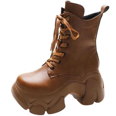 Модные женские кожаные ботильоны 2024 года, новые осенние кроссовки на платформе 8 см, зимние коричневые толстые мотоциклетные ботинки на шнуровке Botas Mujer