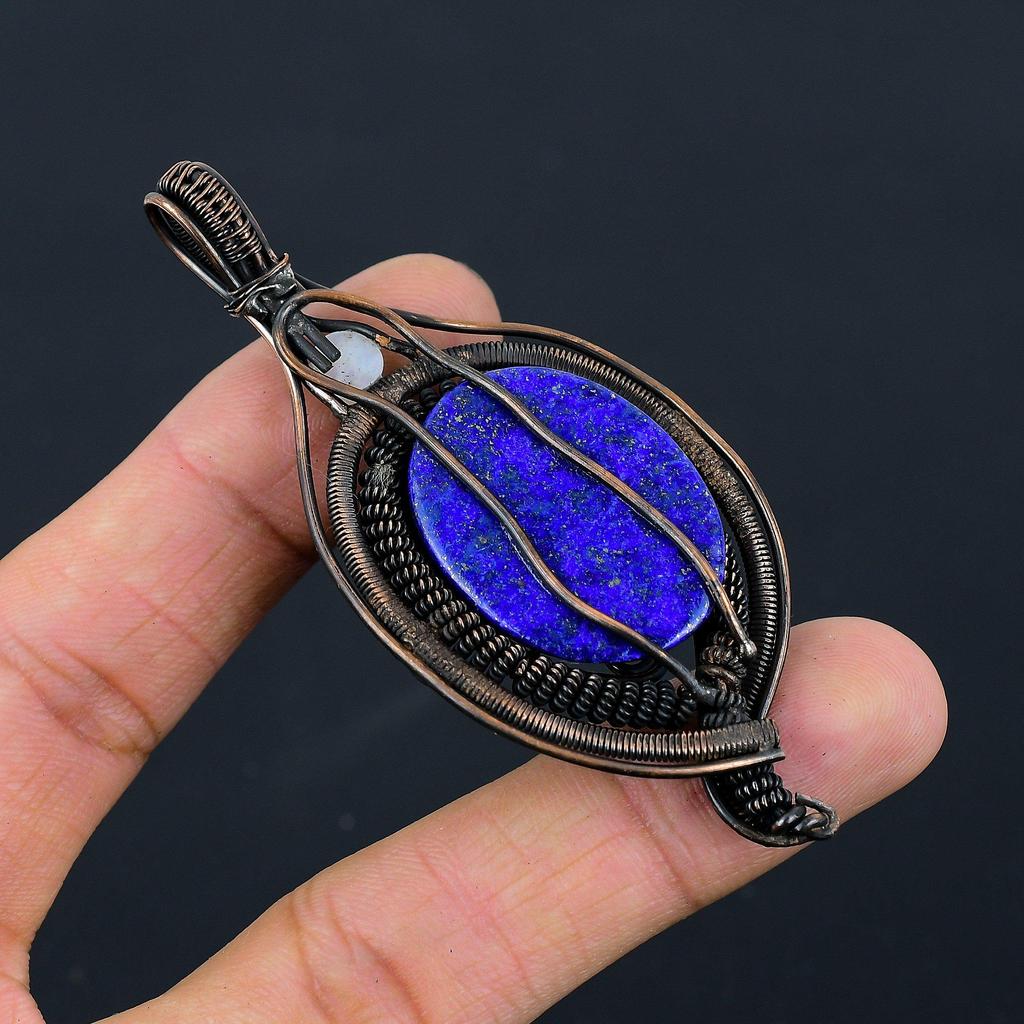 Beautiful Lapis Lazuli, Moonstone Gemstone Pure Copper Wire Wrapped Designer Handmade Pendant Jewelry Gift