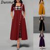 Danmo Women Elegant Long Plaid Print Party Dresses Irregular Ladies Vintage Button Dress Patchwork A-Line Dress