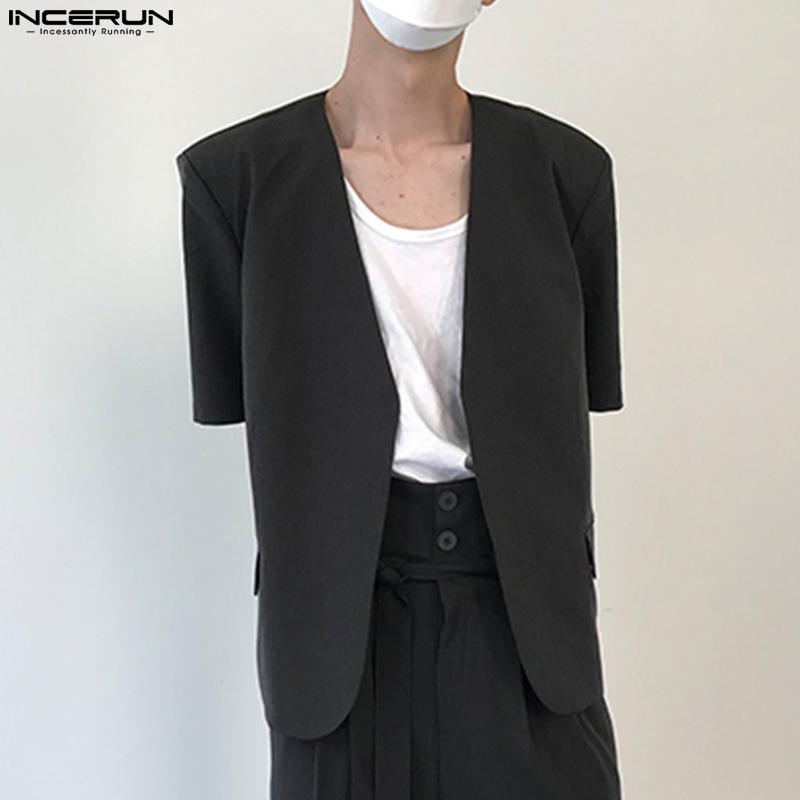INCERUN Мужской простой пиджак с короткими рукавами без воротника, пиджак