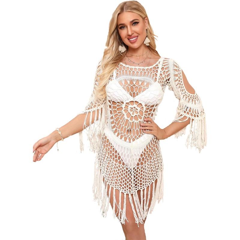 1 Pcs Swimsuit Coverup for Women Sexy Sheer Mesh Boho Design Tassels Beach Bikini Swimsuit Cover Up Dress