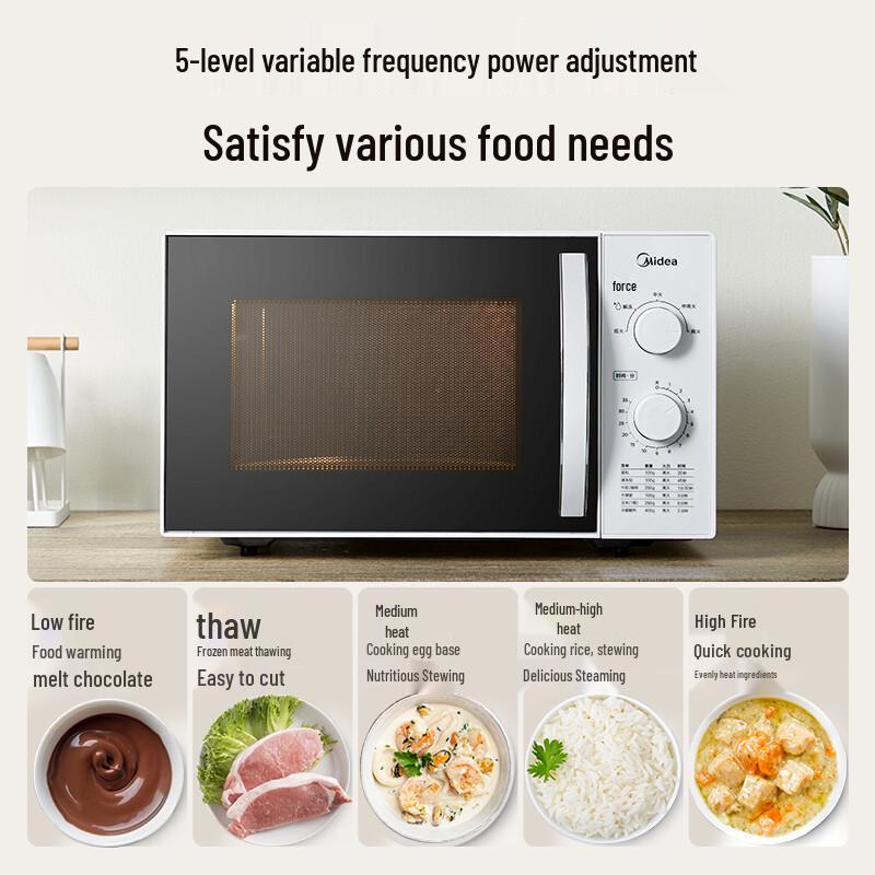 Midea 23L Dual-Use Microwave Oven, 800W, Mechanical Control with Turntable and Knob.