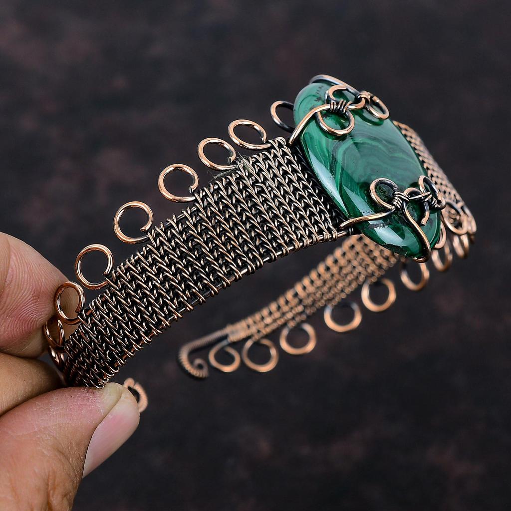 Малахитовый браслет-манжета, браслет-бенгл, обмотанный медной проволокой, украшения ручной работы, регулируемый браслет-манжета, медные украшения с драгоценными камнями, стильный браслет для подарка